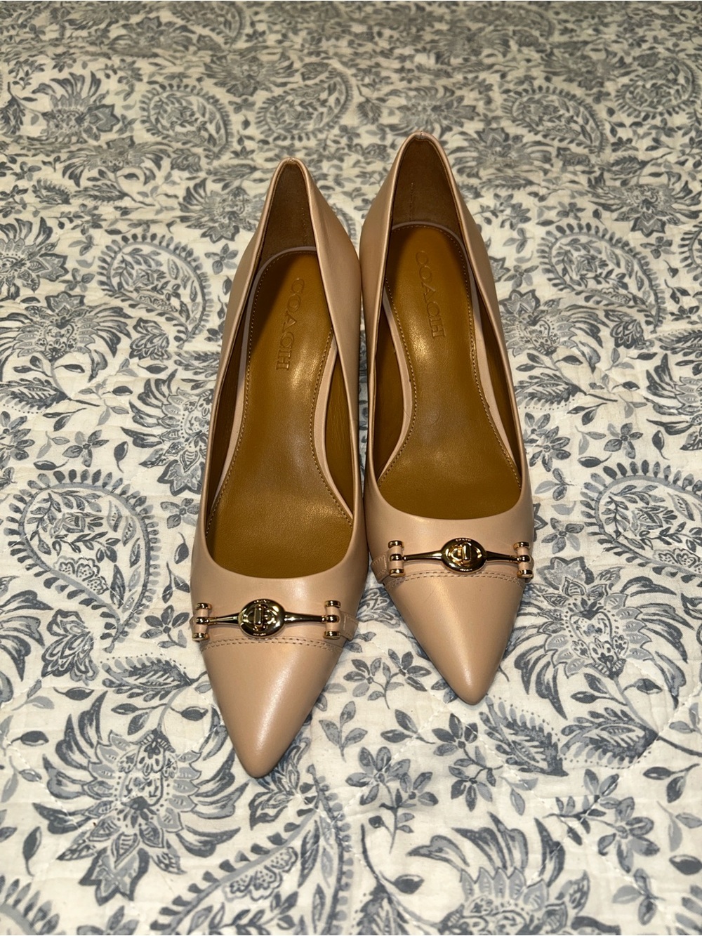 COACH Blush Nude Leather Pointed-Toe Heels with Gold Accent